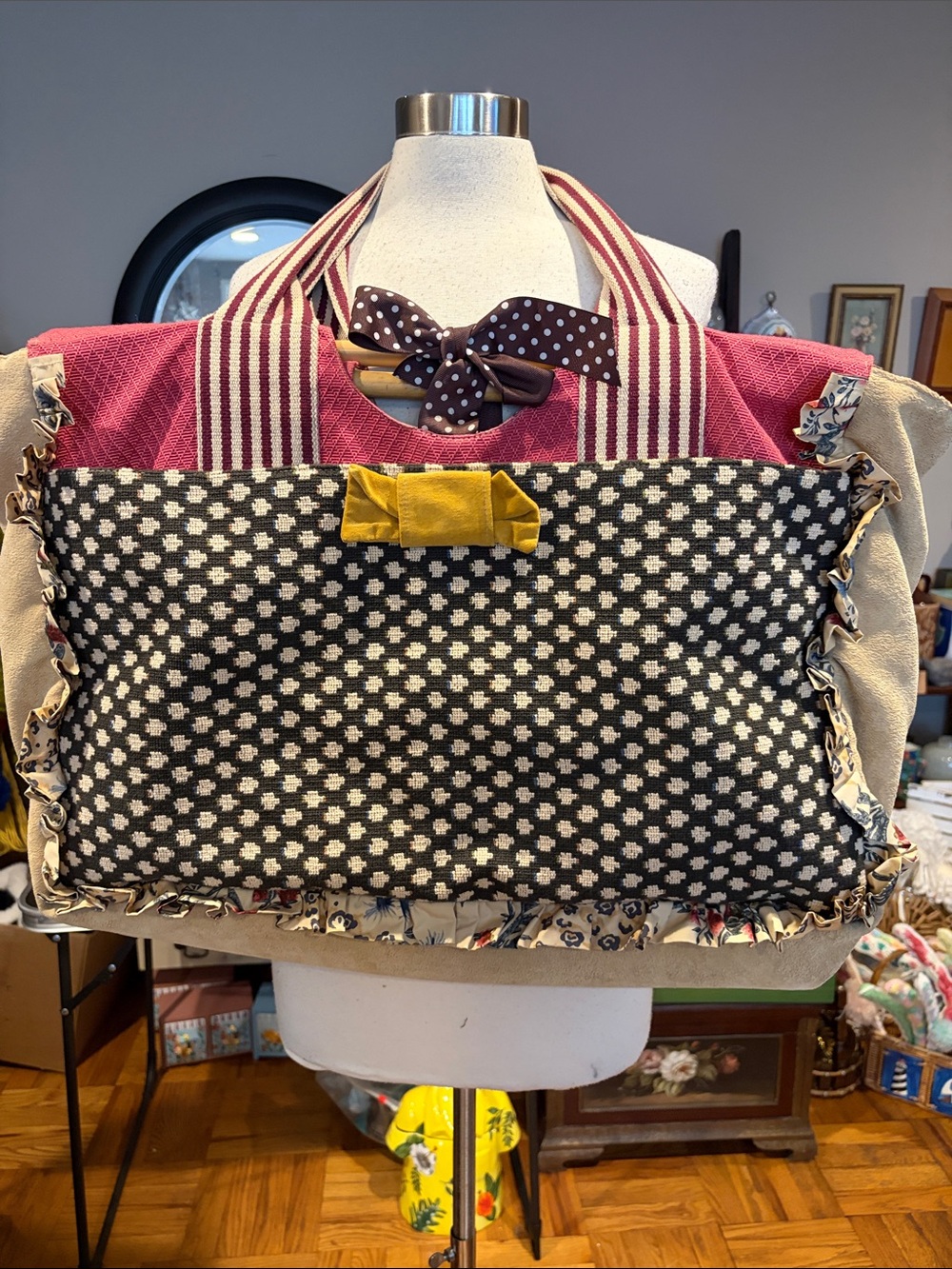 Mary Kaiser LTD Oversized Patchwork Tote Bag Mixed Textile Ruffle Ribbon Boho
